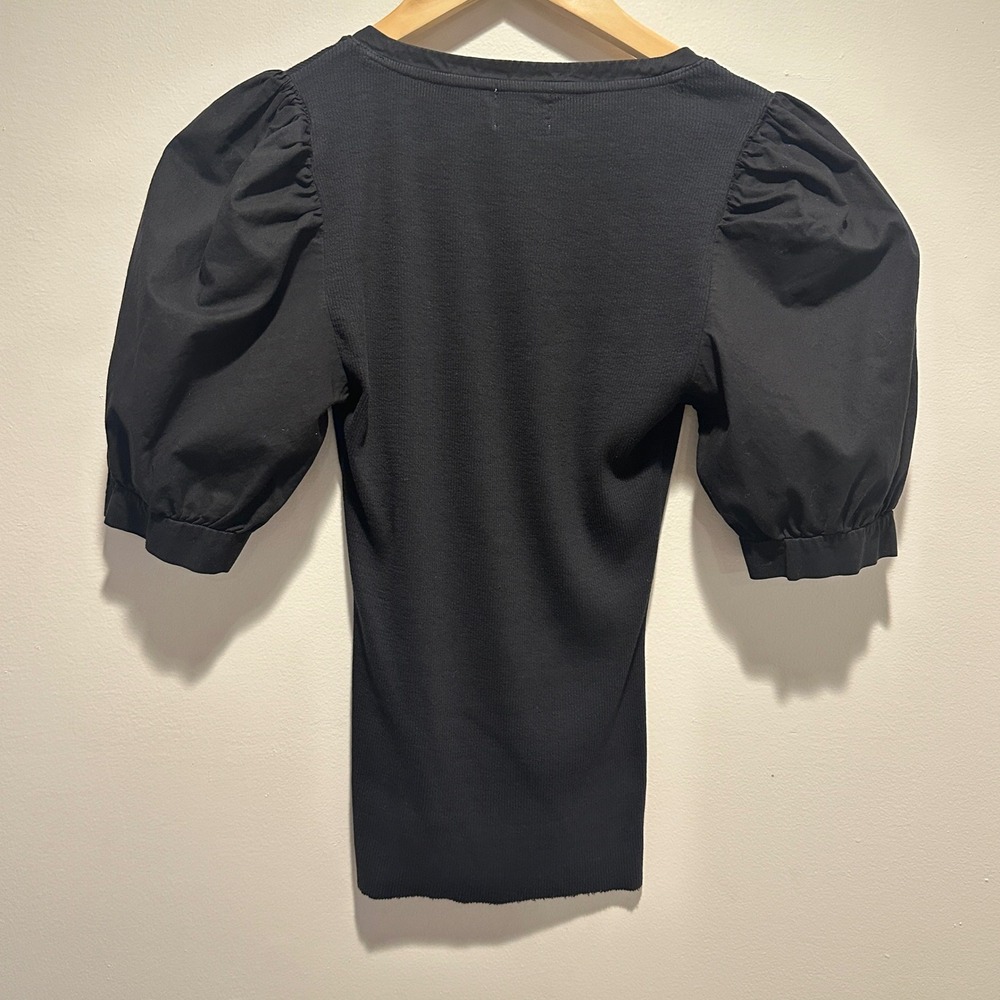 Nation LTD Natalie Combo Tee Womens Small Puff Sleeve V-Neck Top Black Organic - Picture 6 of 8